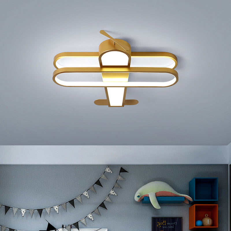 Helicopter Child Bedroom LED Flush Light Kids Aluminum Ceiling Flushmount Fixture in Gold, Warm/White Light