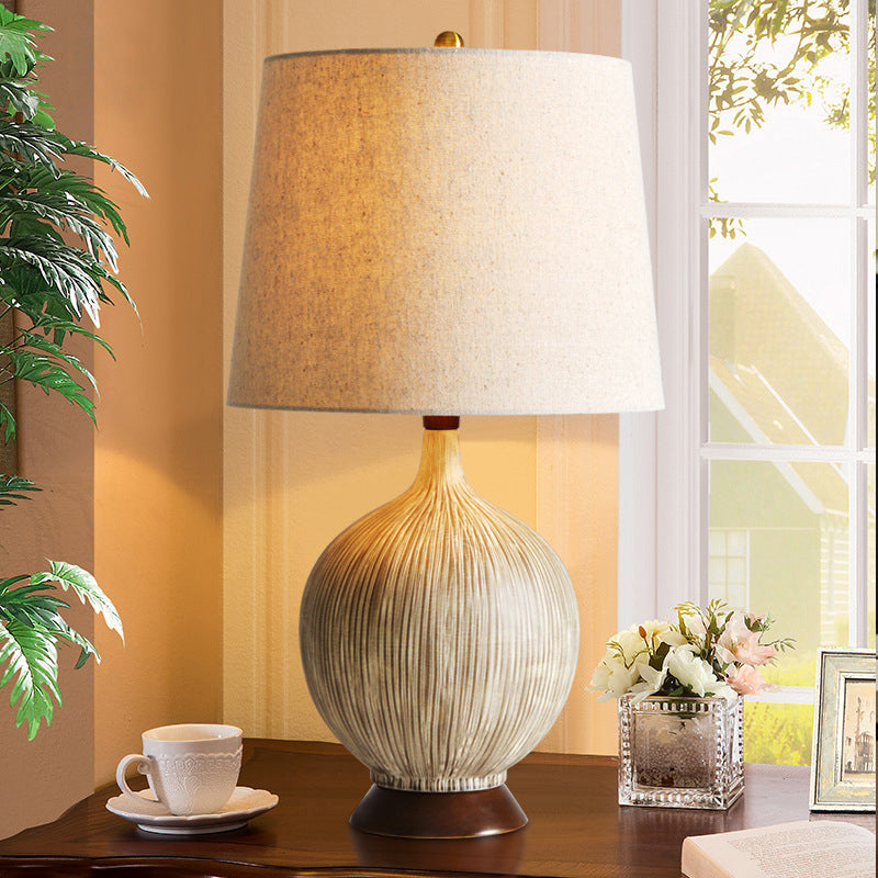 Flaxen Globe Night Lamp Rural Style Ceramic 1 Head Bedroom Nightstand Light with Drum Fabric Shade