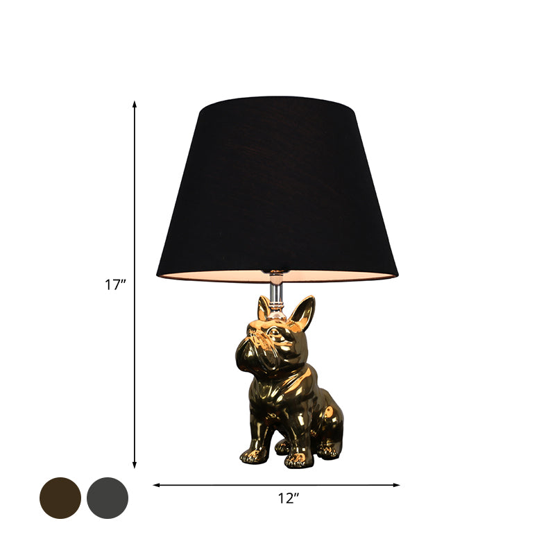 Silver/Gold 1 Head Night Lamp Traditional Resin Dog Nightstand Light with Conical Fabric Shade for Bedroom