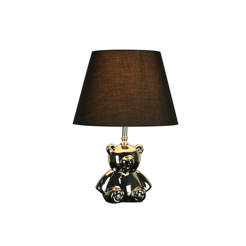 Ceramic Silver/Gold Night Lighting Bear 1 Head Countryside Table Light with Tapered Drum Fabric Shade