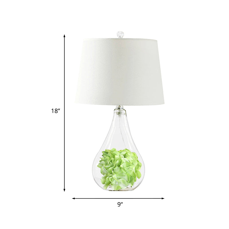 Clear Glass Bulb Shape Night Light Country 1 Light Bedroom Fabric Table Lamp with Green Plant Deco