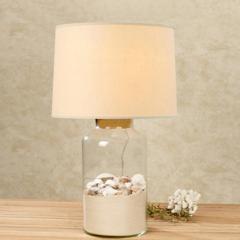 White 1 Bulb Night Table Light Traditional Fabric Barrel Night Lamp with Can-Shape Clear Glass Base