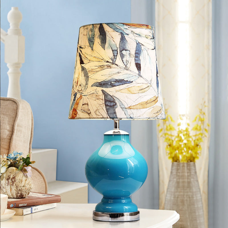 Blue 1 Light Nightstand Light Modernist Printing Fabric Barrel Night Table Lamp for Bedside