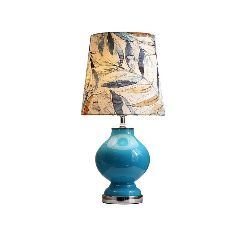 Blue 1 Light Nightstand Light Modernist Printing Fabric Barrel Night Table Lamp for Bedside