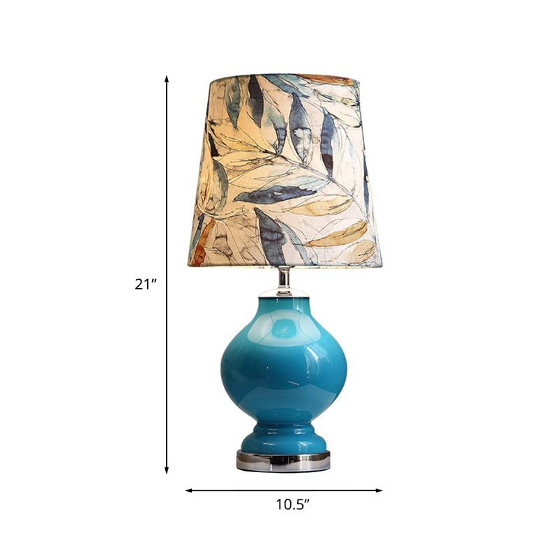 Blue 1 Light Nightstand Light Modernist Printing Fabric Barrel Night Table Lamp for Bedside