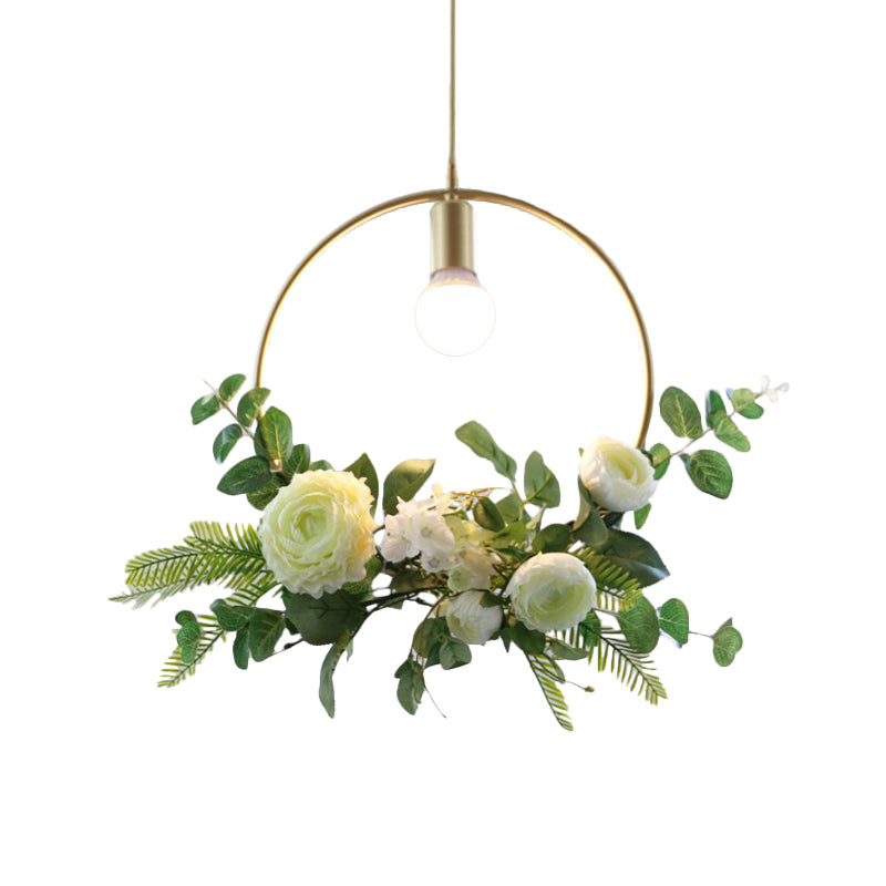 Farmhouse Fake Floral Ceiling Lamp 1 Light Metallic Pendant Light in Green with Triangle/Square/Linear Frame