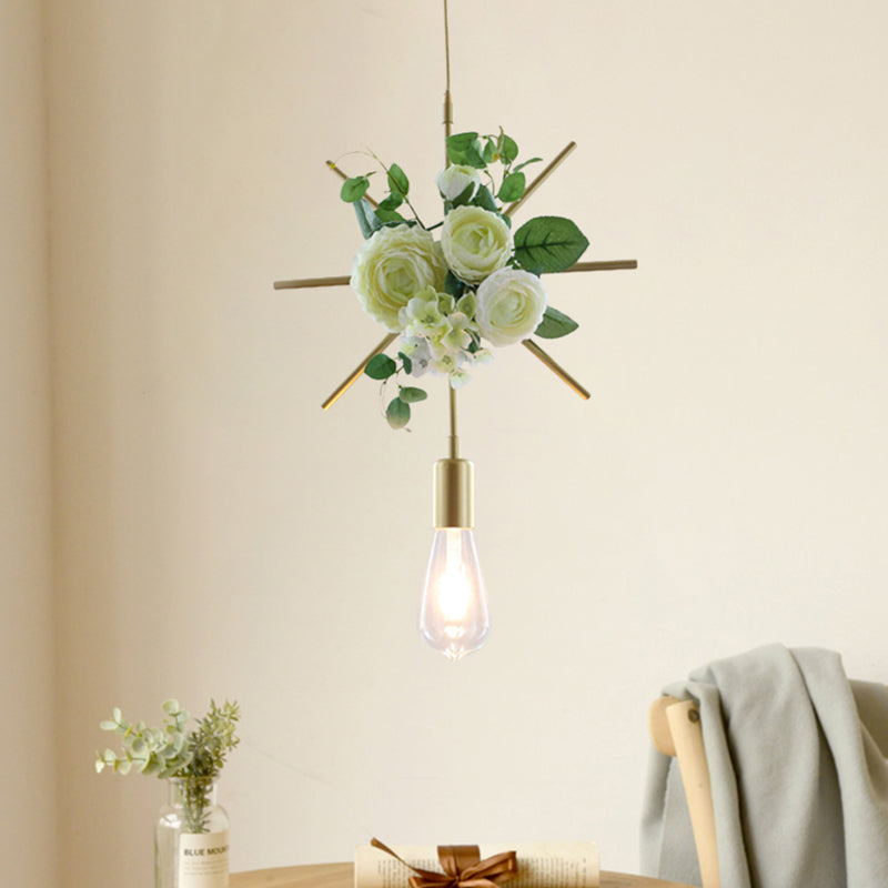 Farmhouse Fake Floral Ceiling Lamp 1 Light Metallic Pendant Light in Green with Triangle/Square/Linear Frame