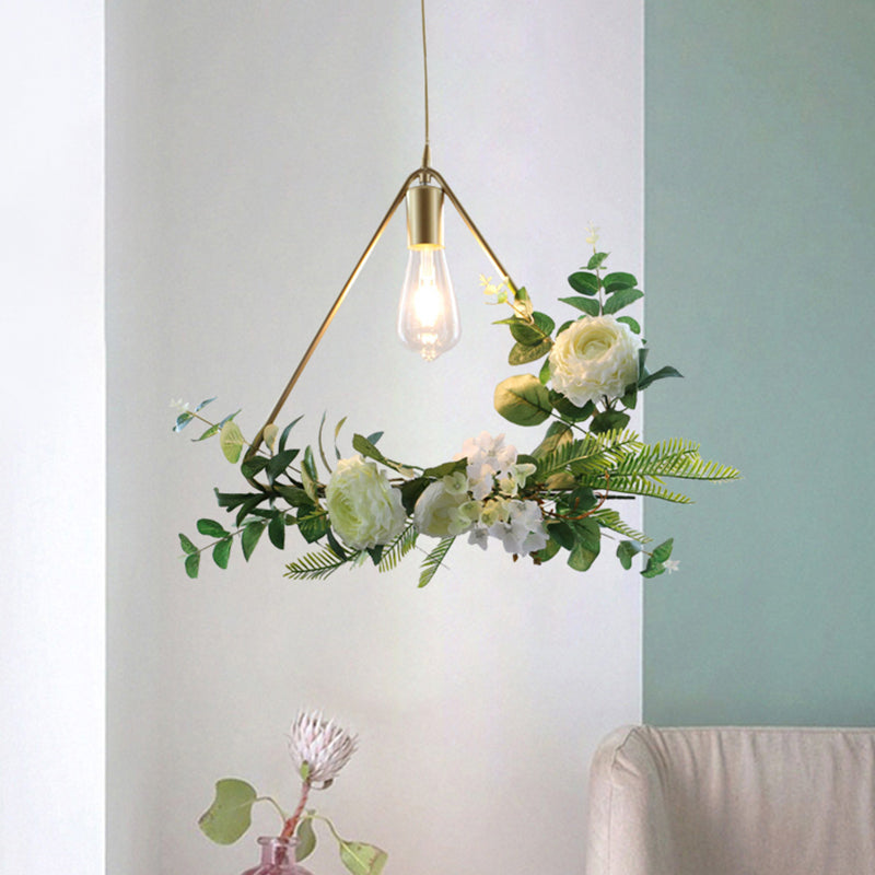 Farmhouse Fake Floral Ceiling Lamp 1 Light Metallic Pendant Light in Green with Triangle/Square/Linear Frame