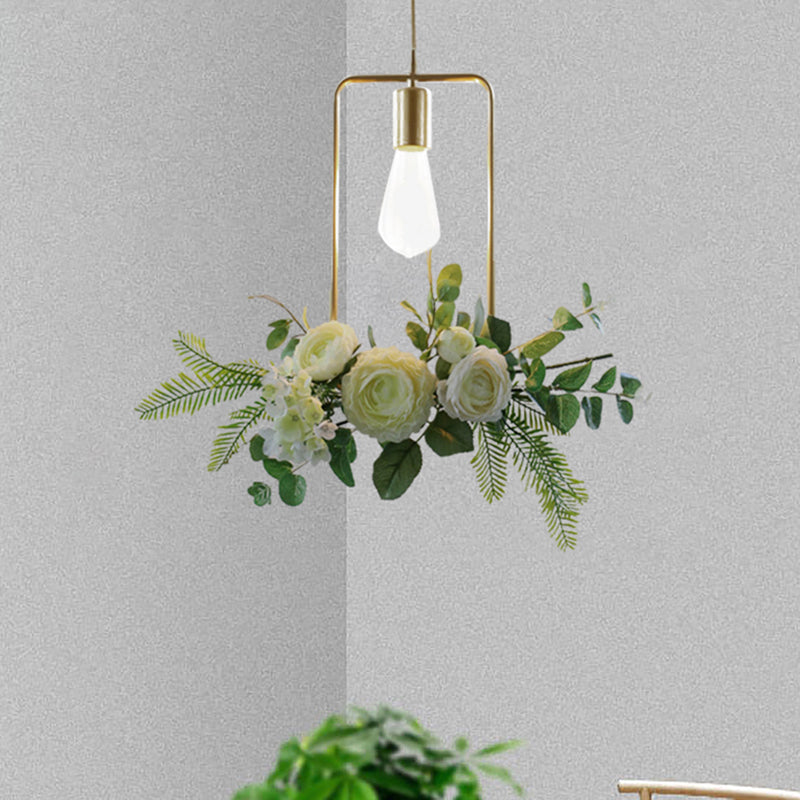 Farmhouse Fake Floral Ceiling Lamp 1 Light Metallic Pendant Light in Green with Triangle/Square/Linear Frame