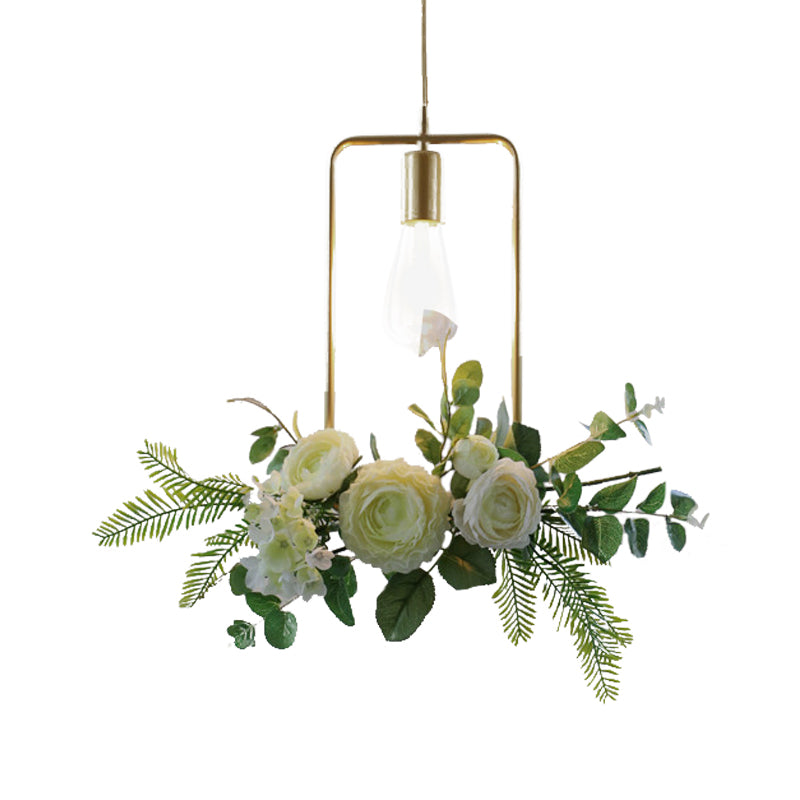 Farmhouse Fake Floral Ceiling Lamp 1 Light Metallic Pendant Light in Green with Triangle/Square/Linear Frame