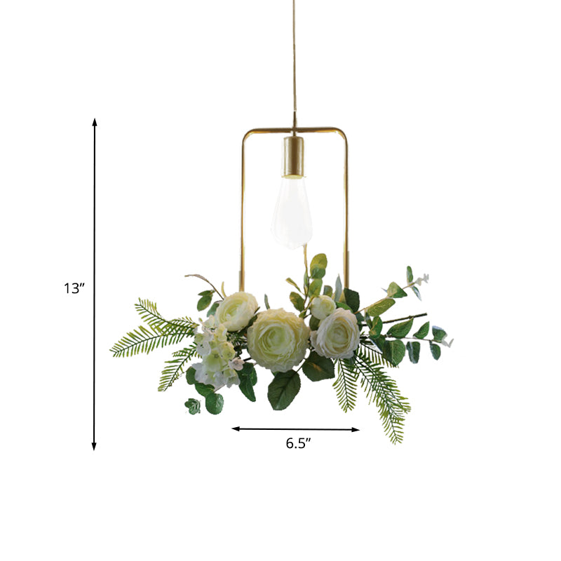 Farmhouse Fake Floral Ceiling Lamp 1 Light Metallic Pendant Light in Green with Triangle/Square/Linear Frame