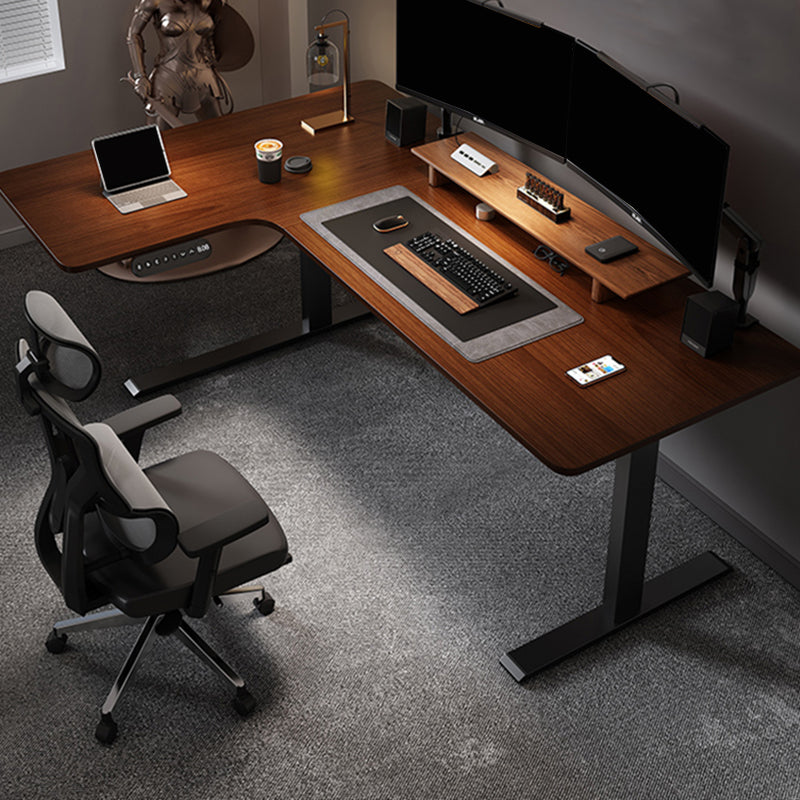 Adjustable Height Brown Computer Desk L-Shape Writing Desk for Home