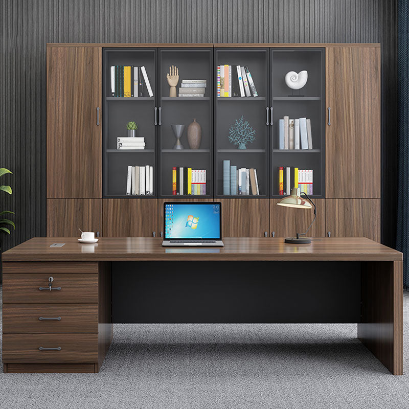 Rectangular Shaped Executive Desk Wood with 3 Drawers in Brown