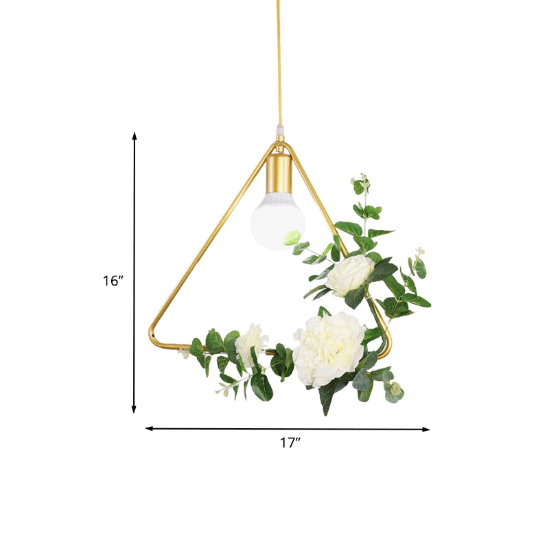 Eisen -Rechteck-/Rundrahmen Suspension Anhänger Lagerhaus 1 Kopf Wohnzimmer Hängende Deckenleuchte in Gold mit künstlicher Bloom -Deko
