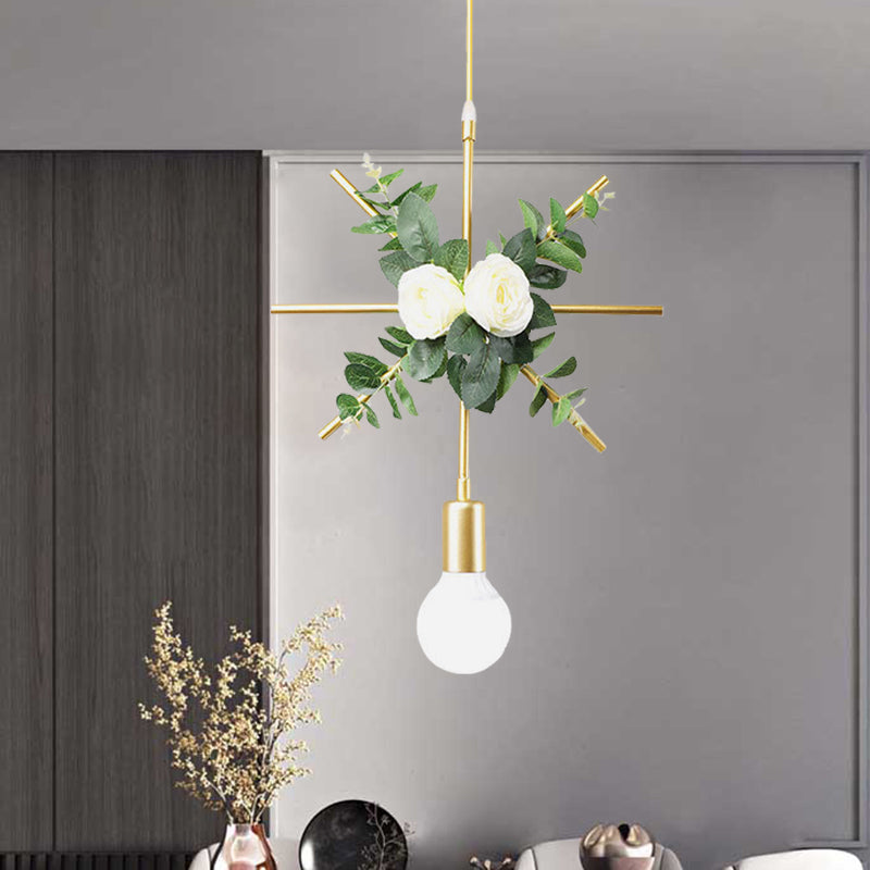 Iron Rectangle/Round Frame Suspension Pendant Warehouse 1 Head Living Room Hanging Ceiling Light in Gold with Artificial Bloom Deco