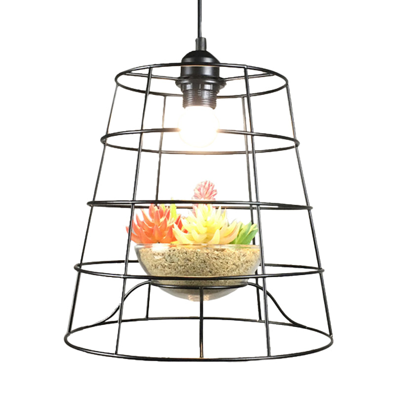 1 Light Pendant Light Antiqued Bucket Cage Metallic Hanging Lighting in Black with Artificial Vine/Succulent