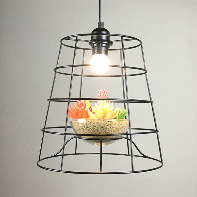 1 Light Pendant Light Antiqued Bucket Cage Metallic Hanging Lighting in Black with Artificial Vine/Succulent