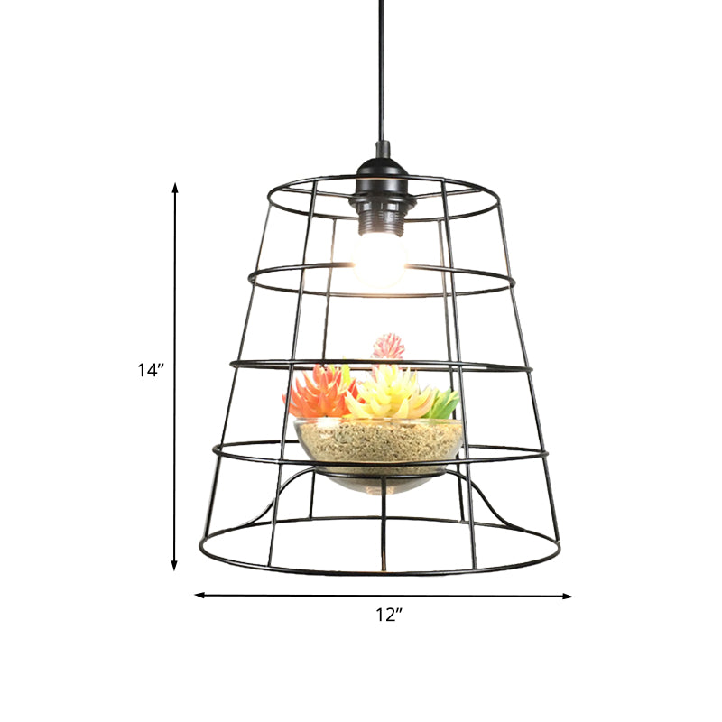 1 Luz colgante de la jaula de cubo anticuado colgante metálico en negro con vid artificial/suculento