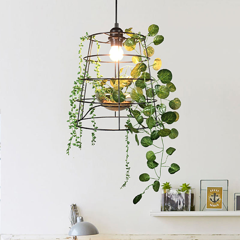 1 Light Pendant Light Antiqued Bucket Cage Metallic Hanging Lighting in Black with Artificial Vine/Succulent