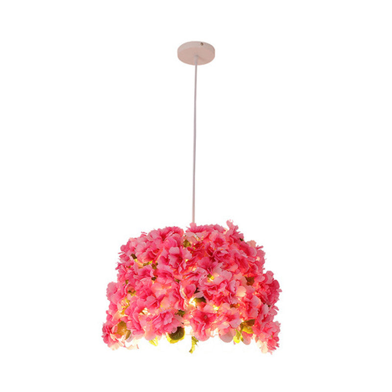 1 Bulb Metal Drop Pendant Factory Pink Bucket Restaurant Pendulum Light with Artificial Sakura Deco