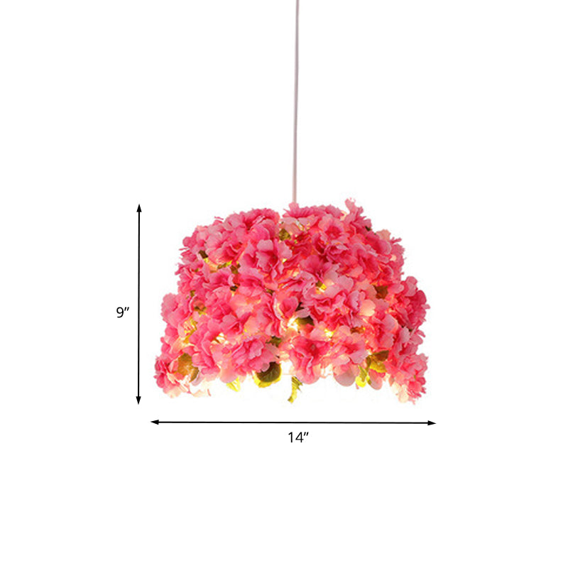 1 Bulb Metal Drop Pendant Factory Pink Bucket Restaurant Pendulum Light with Artificial Sakura Deco