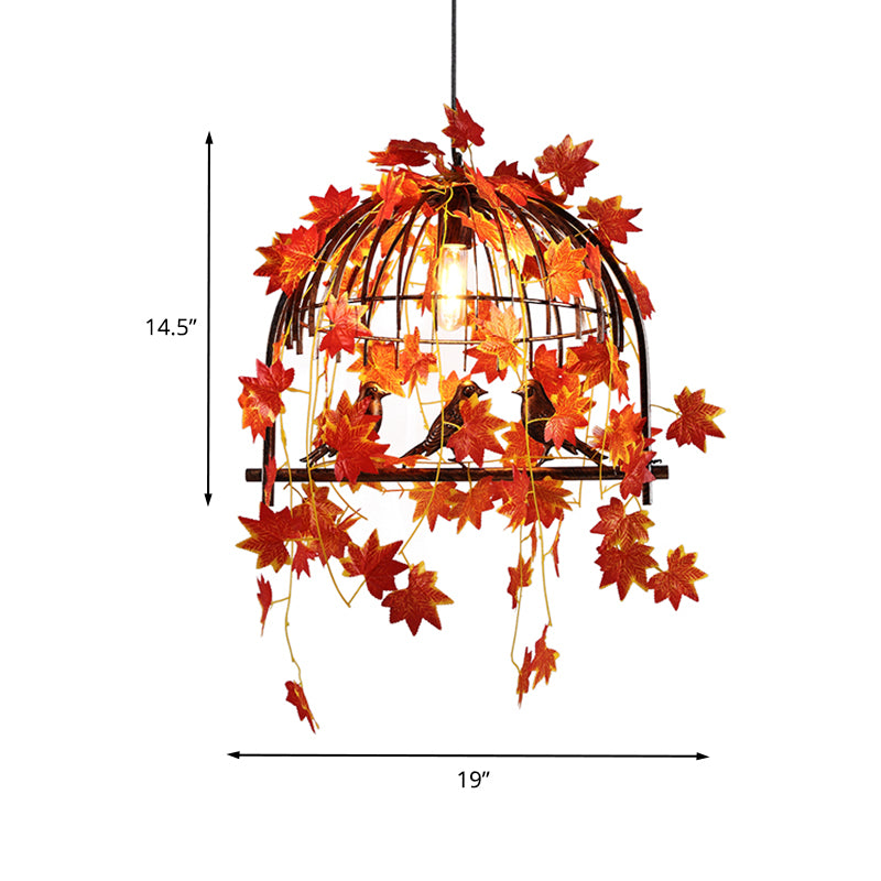 Red 1-Light Hanging Pendant Farm Style Metallic Birdcage Suspension Lamp with Fake Maple Leaf Deco