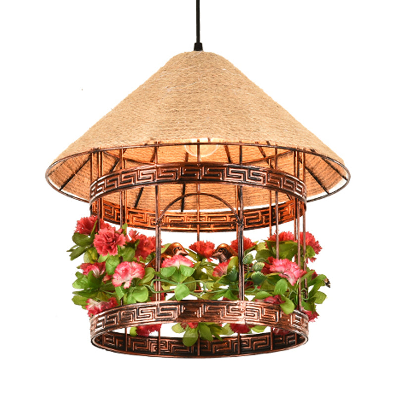 1-Bulb House-Anhänger Deckenleichte Vintage Schwarz/Rost-Finish-Lampe mit Blumen/Reben-Deko