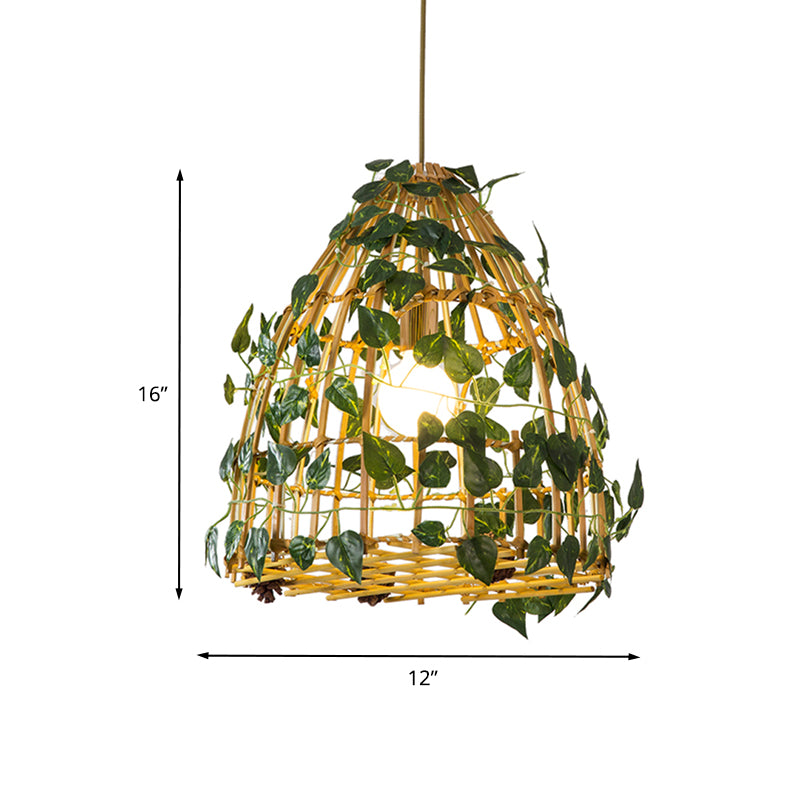 1-Head Pendant Light Kit Antiqued Bell Cage Bamboo Suspension Lamp in Beige with Fake Plant Deco