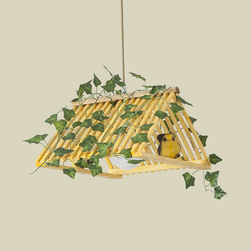 Red/Green Roof Pendant Lamp Retro Style Bamboo 1 Light Dining Room Hanging Light Fixture with Plant Deco