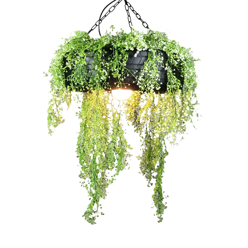 Tyre Dining Room Hanging Lamp Kit Industrial Metal 1-Bulb Green Ceiling Hang Fixture with Fake Vine Deco