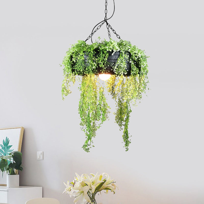 Tyre Dining Room Hanging Lamp Kit Industrial Metal 1-Bulb Green Ceiling Hang Fixture with Fake Vine Deco