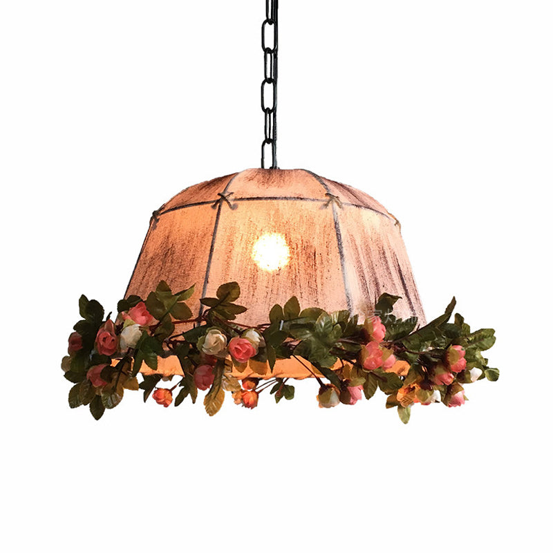 1 Head Hanging Lamp Kit Farmhouse Dining Room Fake Floral Ceiling Pendant with Tent Fabric Shade in Pink