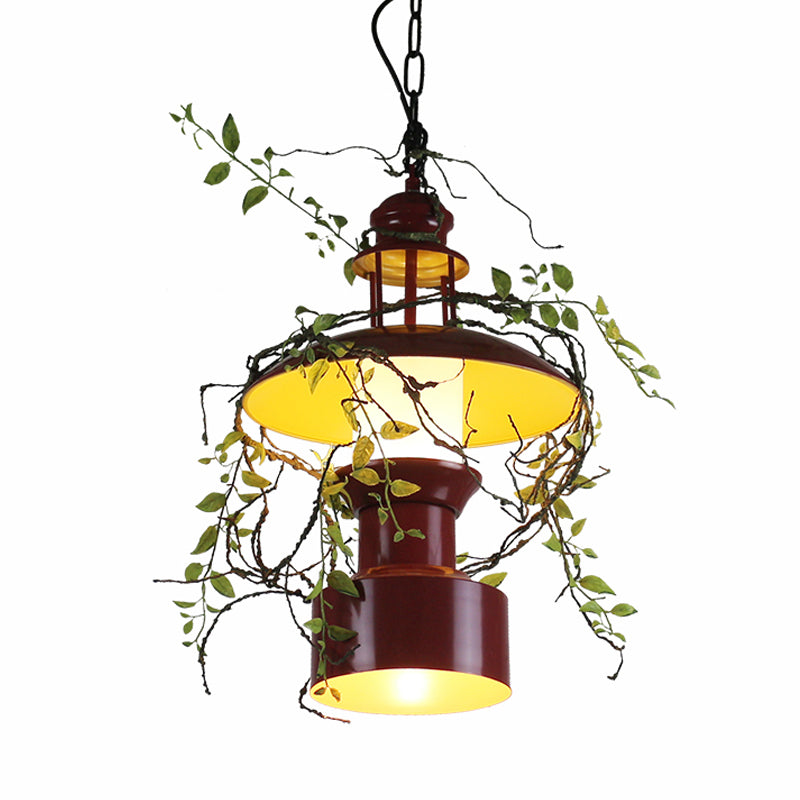 Metal Burgundy Hanging Ceiling Light Drum Shade 1 Light Farm Style Pendant Lamp with Fake Plant