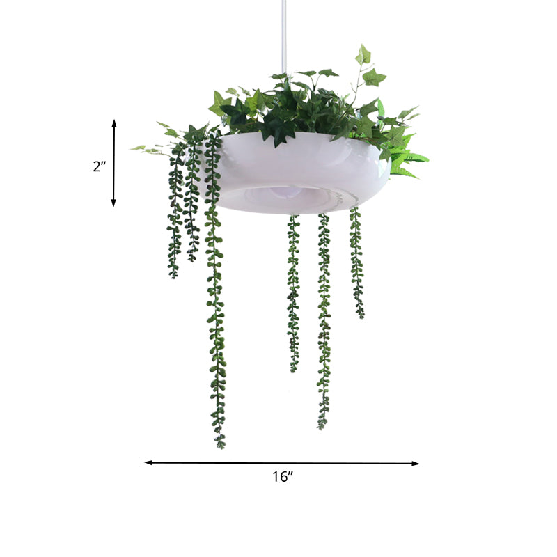 Warehouse Donut Pendant Light 1 Light Metallic Suspension Lighting in White with Green Vine Deco