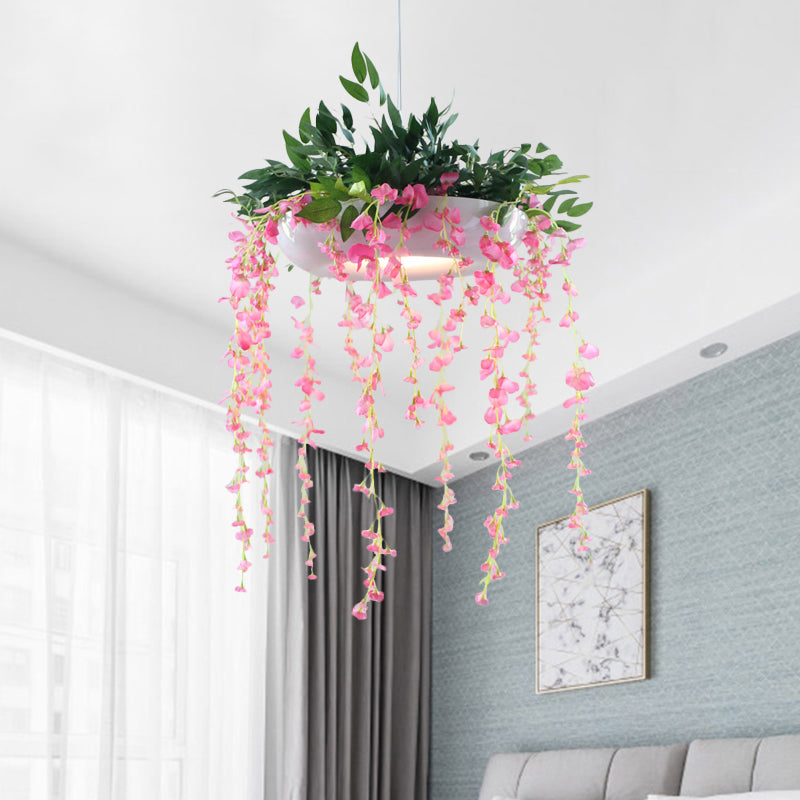 Metallic Donut Shade Pendant Light Fixture Farm 1-Light Living Room Hanging Lamp Kit in White/Pink/Purple with Cascading Flower Deco