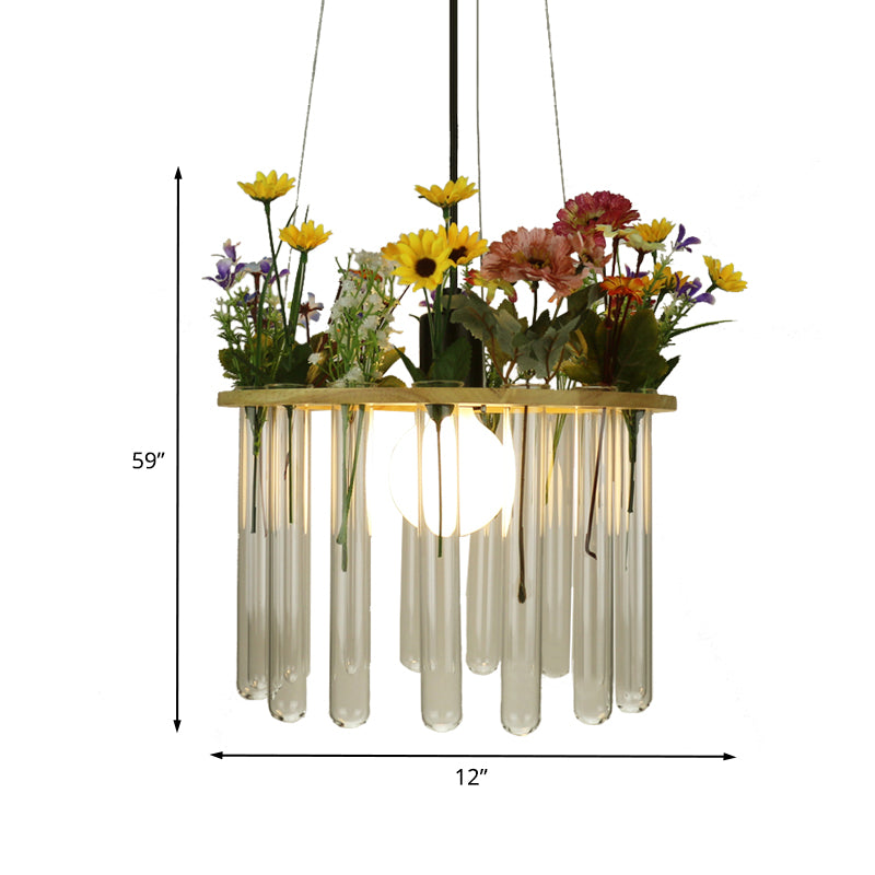 Beige buisvormige plafondlamp loft helder glas 12 "/19,5" W 1 hoofdplant hangend hanglamp met houten cirkel