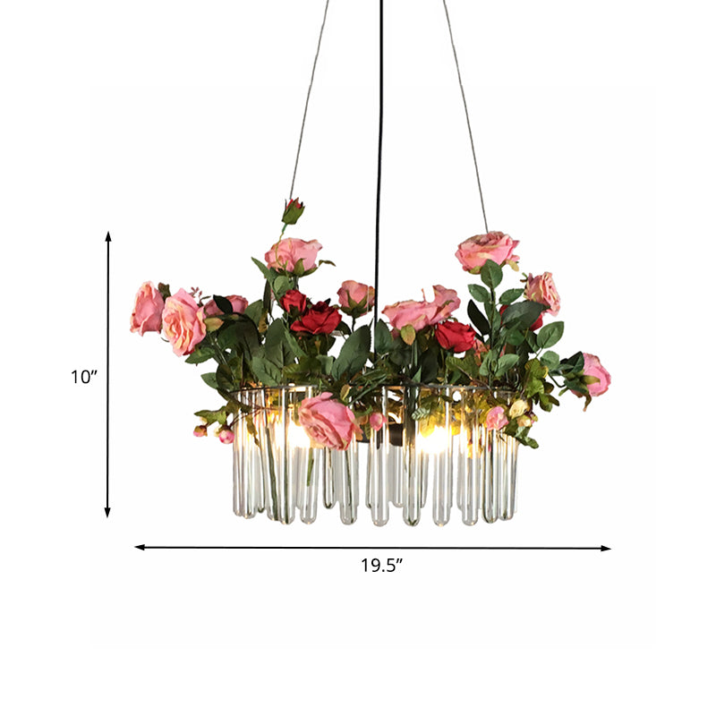 Tube Restaurant Chandelier Industrial Clear Glass 3 Heads Green Hanging Pendant Light with Artificial Rose Deco