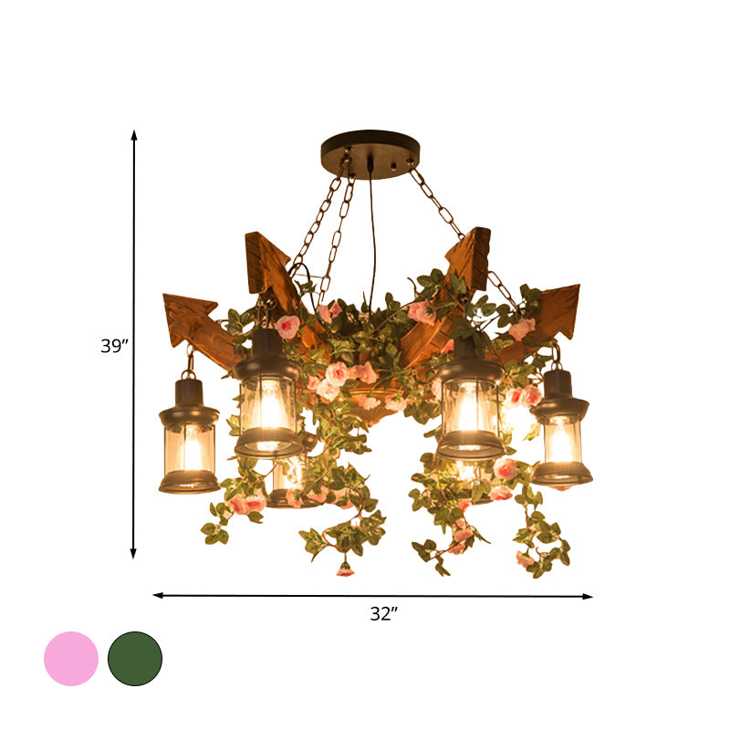 Pink/Green 6 Heads Wood Arrow Chandelier Light Fixture Antiqued Flower/Plant Pendant Lamp with Kerosene Clear Glass Shade