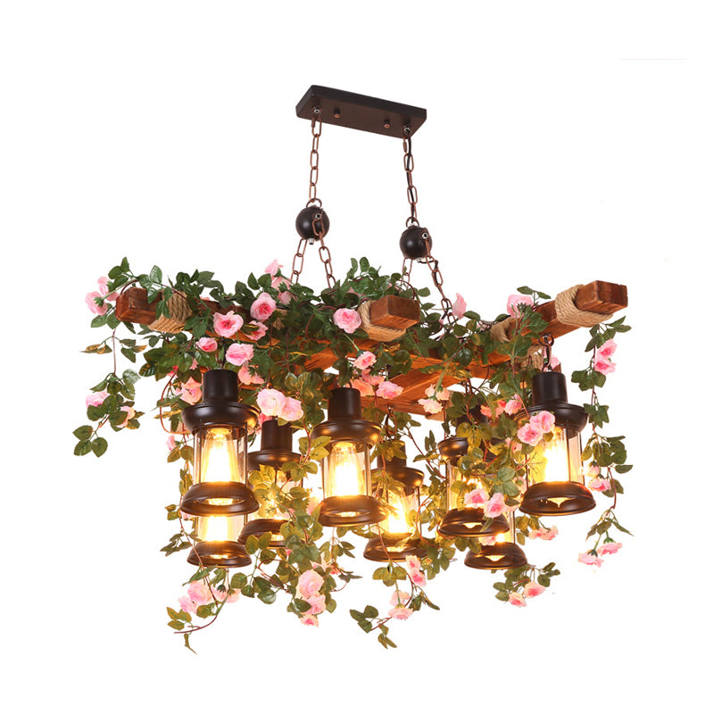 Clear Glass Wood Chandelier Lighting Lantern 8 Heads Farmhouse Ceiling Pendant with Artificial Flower