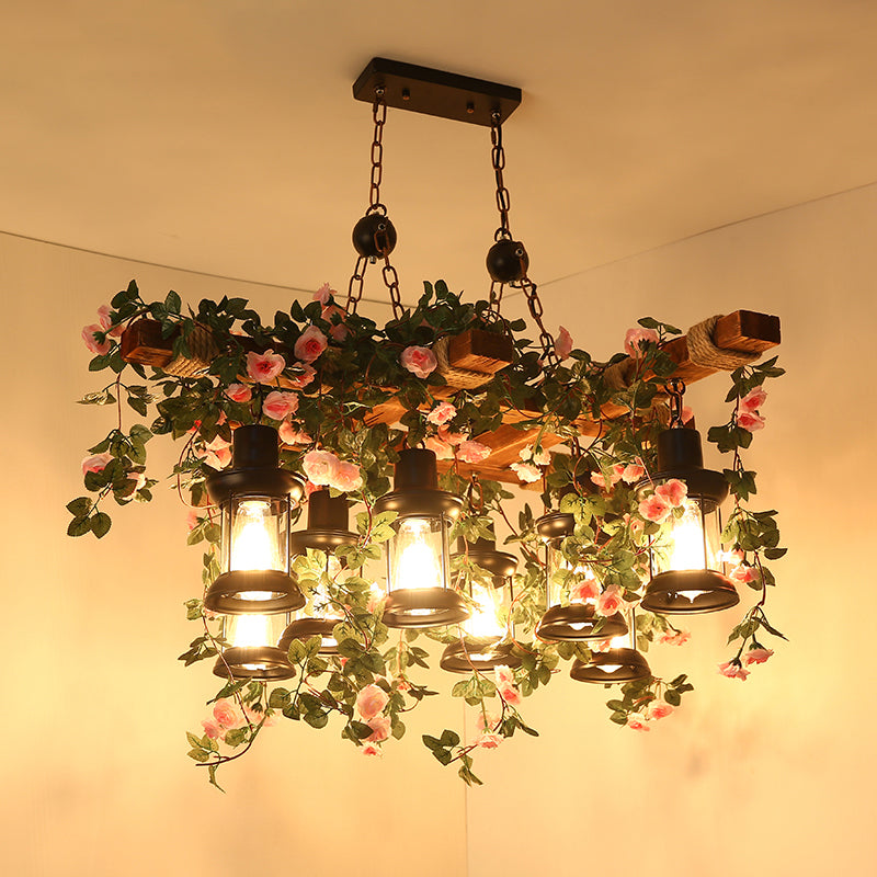 Clear Glass Wood Chandelier Lighting Lantern 8 Heads Farmhouse Ceiling Pendant with Artificial Flower