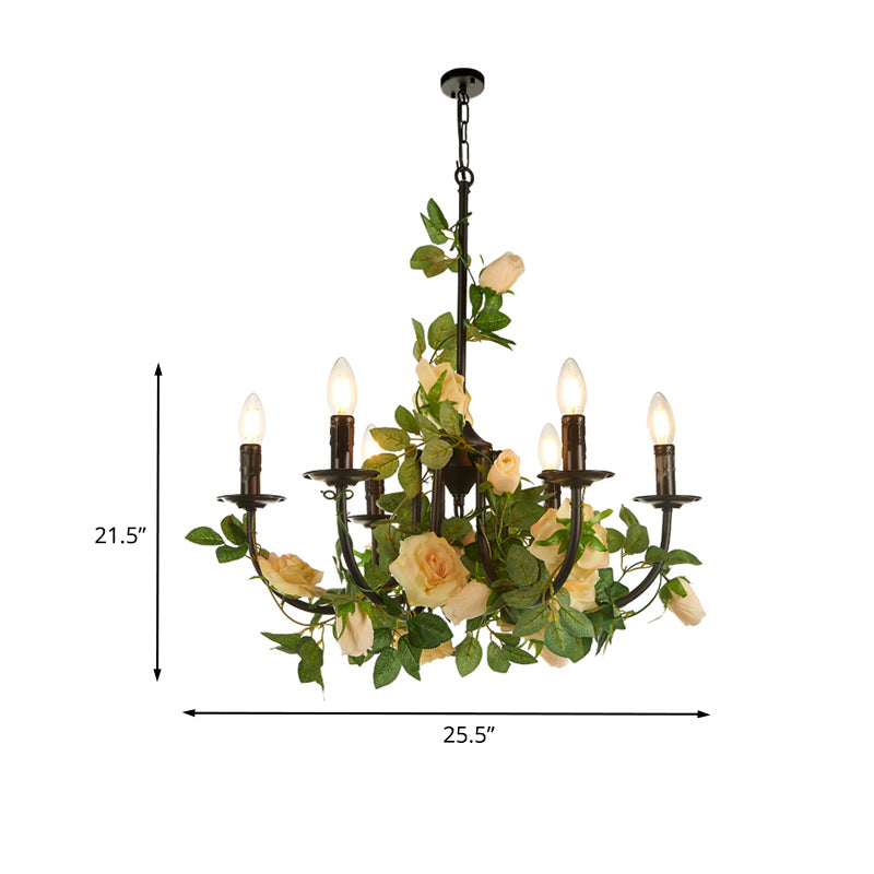 Farm Candelabra Pendant Chandelier 6 Lights Iron Ceiling Hang Fixture in Black with Artificial Rose Deco