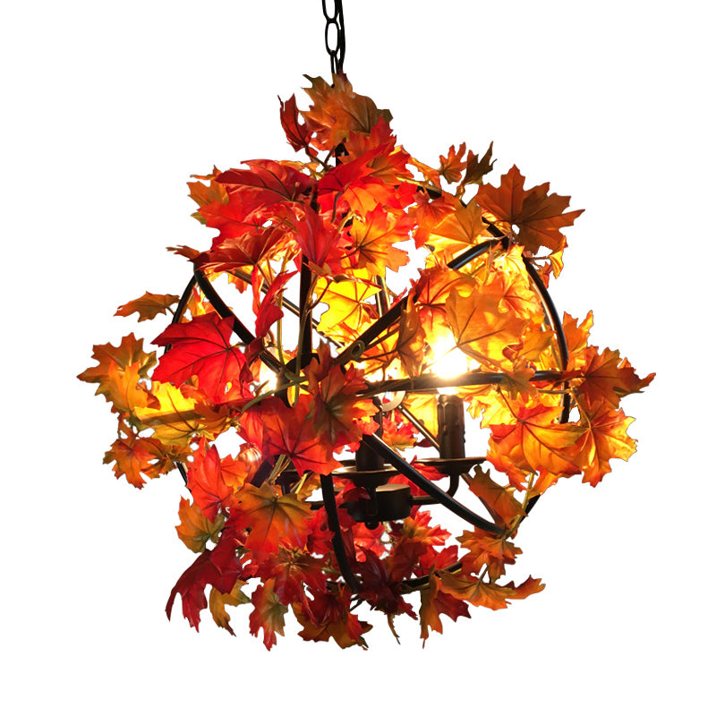 4 Heads Hanging Chandelier Vintage Globe Cage Pendant Light Kit with Red Maple Leaf Deco