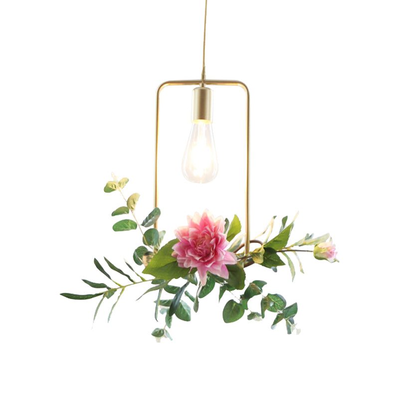 1-Light Metallic suspendre Pendant Loft Style Champagne Triangne ​​/ Round / Square Living Room Plafond Light with Artificial Flower Deco