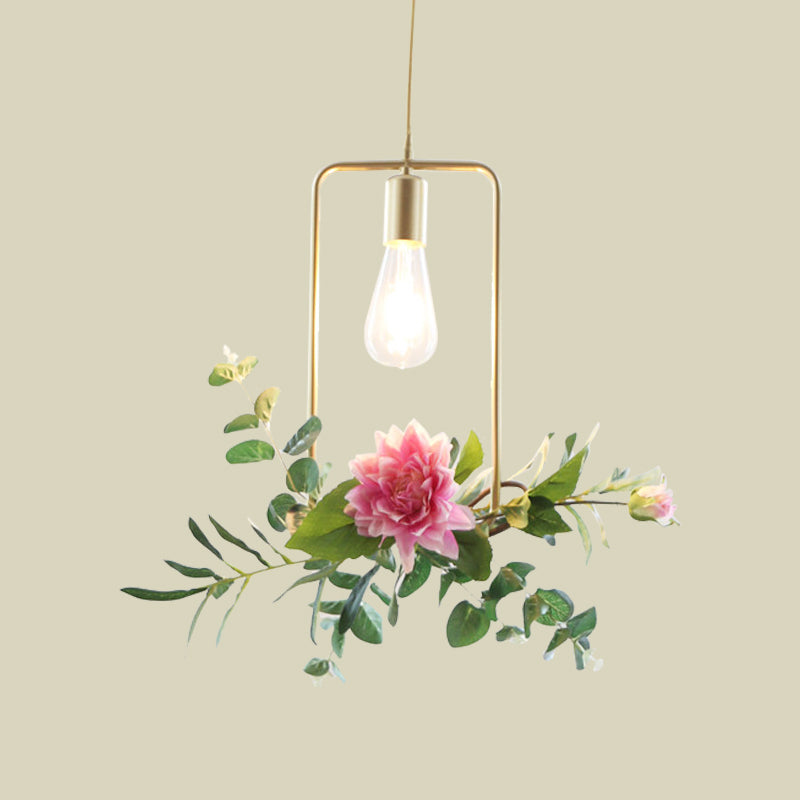 1-Light Metallic Hanging Pendant Loft Style Champagne Triangle/Round/Square Living Room Ceiling Light with Artificial Flower Deco