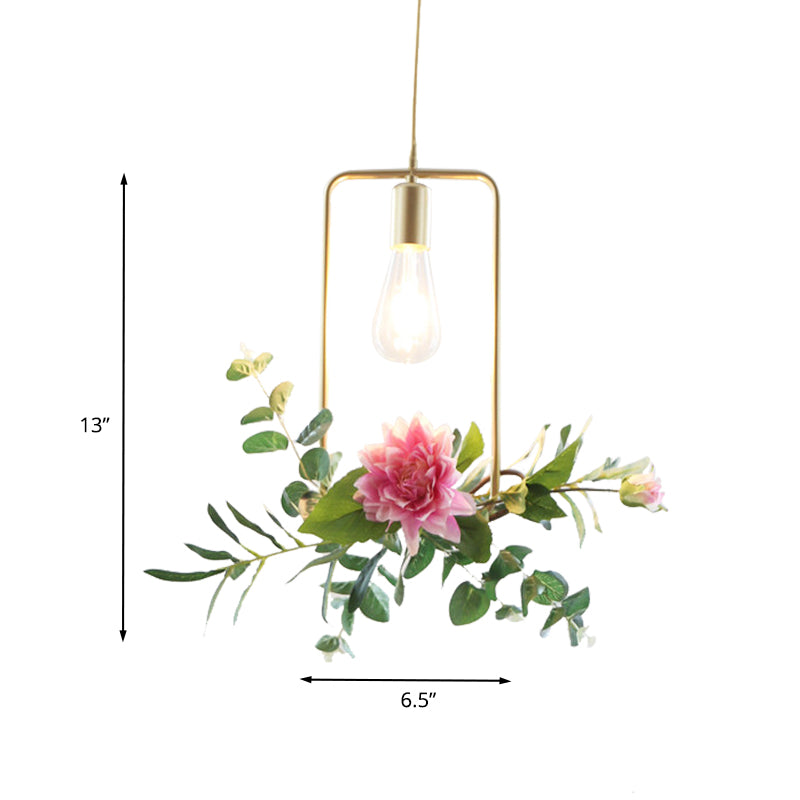 1-Light Metallic Hanging Pendant Loft Style Champagne Triangle/Round/Square Living Room Ceiling Light with Artificial Flower Deco