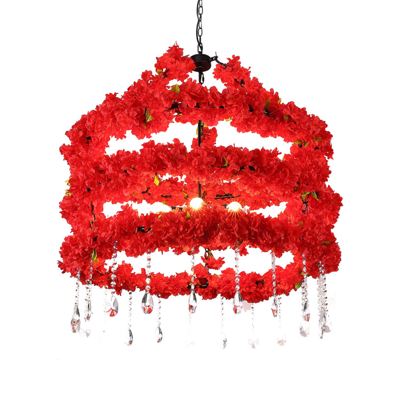 Warehouse 3-Layered Flower Chandelier Lighting 6 Lights Loft Restaurant Pendant Light Kit in Red with Crystal Drops