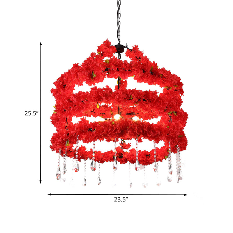 Warehouse 3-Layered Flower Chandelier Lighting 6 Lights Loft Restaurant Pendant Light Kit in Red with Crystal Drops