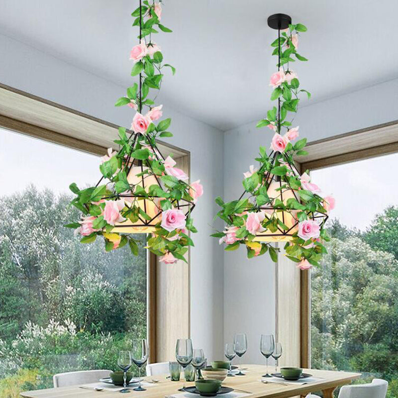 1 Bulb Diamond Cage Ceiling Pendant Farmhouse Red/Pink/Green Metal Suspension Light with Fabric Shade and Fake Flower/Leaf Deco