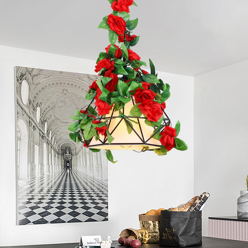 1 Bulb Diamond Cage Ceiling Pendant Farmhouse Red/Pink/Green Metal Suspension Light with Fabric Shade and Fake Flower/Leaf Deco