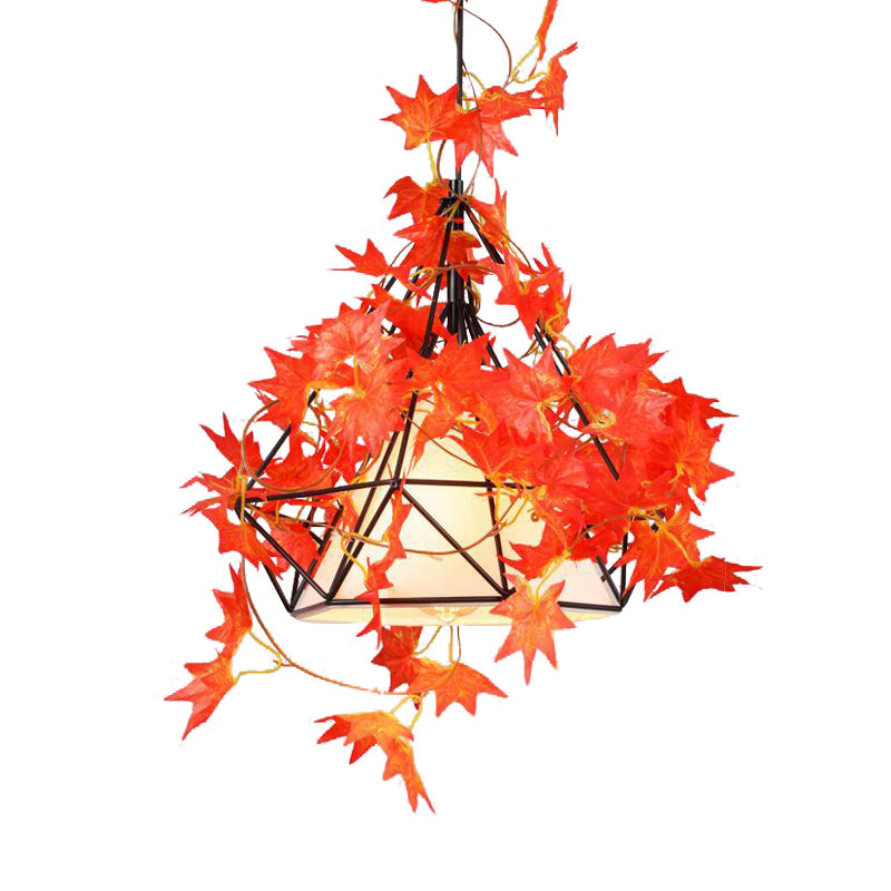 1 Bulb Diamond Cage Soffitto a sospensione Farmhouse Rossa/Rosa/Green Metal Suspension Light con tonalità in tessuto e fiore finto/foglia deco